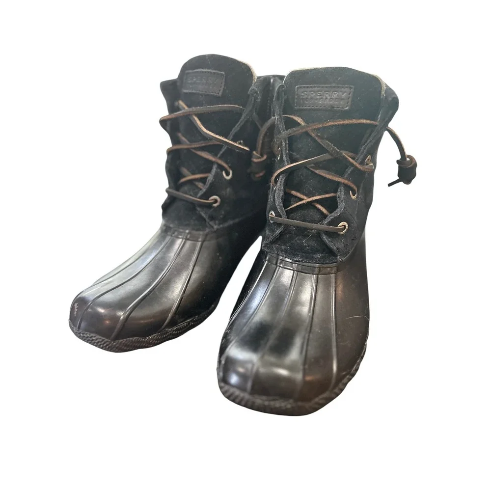 Sperry Saltwater Duck Boots Women Black Excellent Quilted Suede Ankle Boots